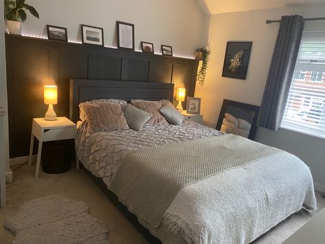 Dark Grey Panelled Bedroom, Bedroom Panelling Grey Headboard, Dark Half Paneled Walls, Bedroom Grey Panelling, Black Bedroom Panelling Wall, Grey Panelled Bedroom, Bedroom Inspirations Neutral And Black, Panelled Half Walls Bedroom, Bedroom Panelling Black