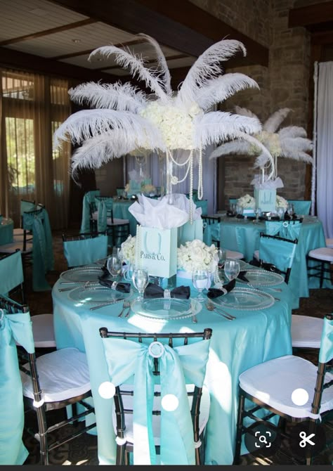 Tiffany Birthday Theme, Old Hollywood Party Theme, Blue Birthday Ideas, Tiffany Blue Centerpieces, Tiffany Blue Party Decorations, Tiffany Co Party Ideas, 50 Party Ideas, Tiffany Baby Shower Theme, Wedding Tiffany Blue