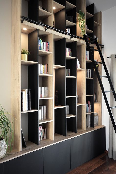 Meuble sur mesure bibliothèque Poitiers - Ethnique chic | AM Esquisse Library Video, Cozy Home Library, Home Library Rooms, Bibliotheque Design, Living Room Tv Unit Designs, Bookcase Design, Shelving Design, Home Library Design, Japanese Zen