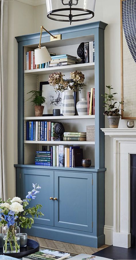 Blue Bookshelves Living Room, Navy Blue Bookshelves, Blue Book Shelf, Cottage Bookcase, Bookshelf With Cabinet, Painted Bookcases, Blue Bookshelf, Bookshelves Living Room, Blue Bookshelves