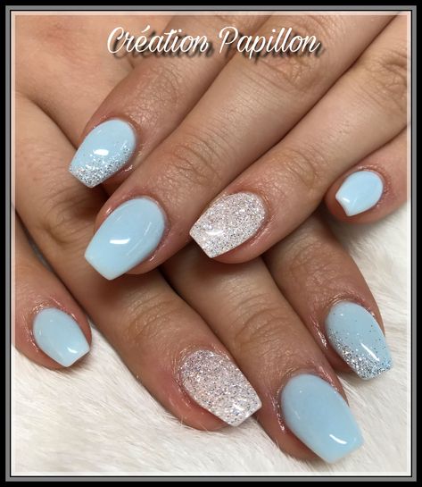 Alice Blue Nails, Bridesmaid Nail Ideas Blue, Cinderella Nails Short, Light Blue Prom Nails Short, Bridal Blue Nails, Light Blue Nails With Silver Glitter, Sweet 16 Nail Ideas Blue, Sky Blue And Silver Nails, Silver And Baby Blue Nails