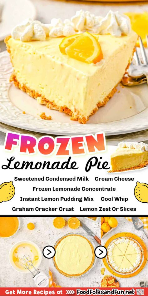 Frozen Lemonade Pie Recipe, Lemonade Pie No Bake, Lemonade Pies, Frozen Lemonade Pie, Lemonade Pie Recipe, Cream Cheese Lemonade Pie, Lemonade Pie, Lemon Pie Recipe, Pastries Recipes