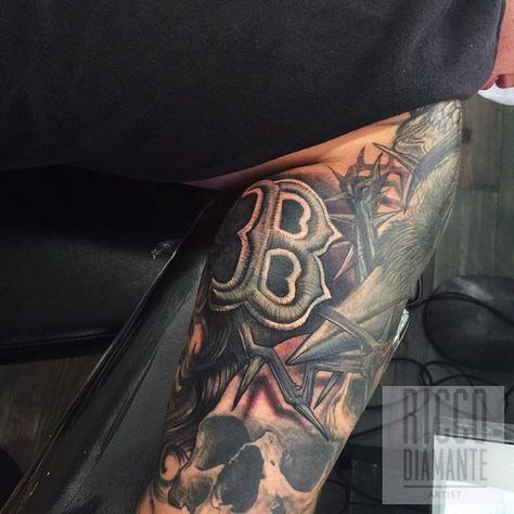 Boston B Tattoo, Boston Tattoos For Men, Boston Tattoo Ideas, Boston Sports Tattoo, Animated Tattoos, Boston Red Sox Tattoos Ideas, Redsox Boston Tattoo, Red Sox Tattoo, Boston Red Sox Tattoos