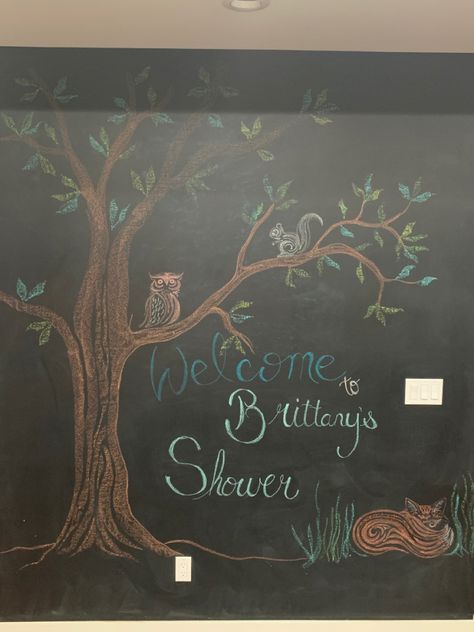 Chalkboard art, woodland theme, owl, squirrel, fox Woodland Chalkboard Art, Gender Reveal Welcome Sign Chalkboard, Forest Themed Baby Shower Chalk Board Signs, Chalk Art Signs, Baby Shower Chalkboard, Weekly Pregnancy Chalkboard, Chalkboard Wall Art, Chalk Sign, Simple Baby Shower