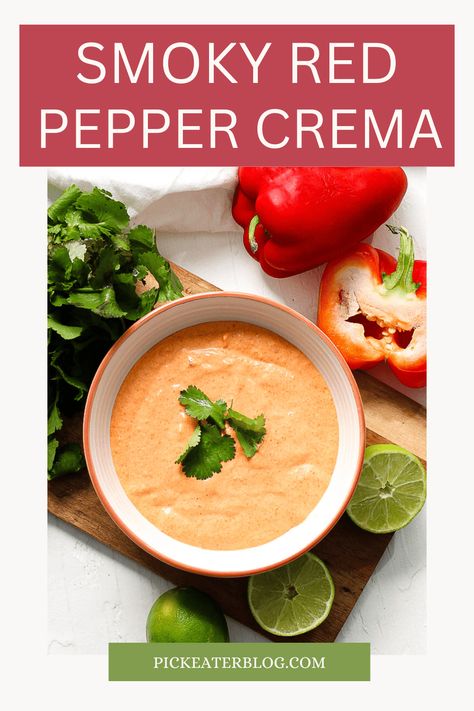 This smoky red pepper crema will be your new favorite dipping sauce. This red pepper crema recipe is an incredibly versatile condiment with a rich, smoky flavor that goes great with a wide variety of dishes. Add it to your tacos, mix it into pasta, dip tortilla chips (or fries) in it, spread it on sandwiches, or even top your mashed potatoes. Smokey Red Pepper Crema, Hello Fresh Sauce Recipes, Smoky Red Pepper Crema, Red Pepper Crema, Red Pepper Cream Sauce, Spicy Crema, Simple Sides, Crema Recipe, Red Chili Sauce