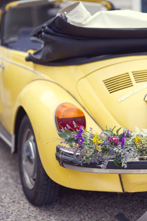 1976 Yellow, convertible VW beetle´s buffer-bar (bumper bar) decorated with flowers (Florist : Greenlion Design) - Westport Casual Elegant Wedding from Lens Cap Productions Casual Elegant Wedding, Yellow Convertible, Car Crystals, Backyard Tent, Bug Car, Beetle Car, Beetle Convertible, Tent Reception, Beetle Bug