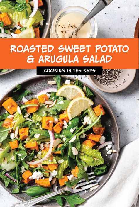 Roasted Sweet Potato and Arugula Salad is a savory salad dressed with a garlic vinaigrette and crumbled organic feta cheese. The salad is easy to make and can be enjoyed on its own or served as your salad course. This is the food I wish I could get in a restaurant. The salad is filling, and I used healthy Greek organic extra-virgin olive oil. The sweet potatoes sweeten the dish and the feta cheese adds a salty kick. Potato And Arugula Salad, Garlic Vinaigrette, Side Dishes For Fish, Sweet Potato Salad, Feta Cheese Salad, Roasted Vegetables Oven, Savory Salads, Roasted Sweet Potato, Seafood Recipes Healthy