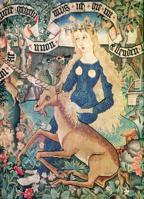 Wild woman with unicorn, c. 1500–1510 Unicorn Tapestry, Unicorn Tapestries, Medieval Tapestry, The Last Unicorn, Medieval Manuscript, Unicorn Art, Wild Woman, Medieval Art, Illuminated Manuscript