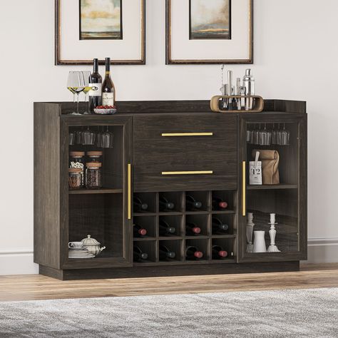 BELLEZE 55" Wine Cabinet, Sideboard Buffet with Wine Rack and Glass Holder, Home Coffee Bar Freestanding Liquor Cabinet with Display Glass Doors for Living Room, Dining Room - Marcel (Brown) - Walmart.com Bar Furniture Cabinet, Modern Sideboard Buffet In Dining Room, Bar Nook In Living Room, Modern Buffet Cabinet Dining Rooms, Dining Room Bar Ideas, Dining Room With Bar, Bar Cabinets For Home, Wine Display Cabinet, Buffet With Wine Rack