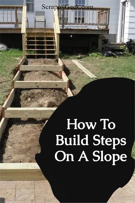 Building steps on sloped ground. Steps On Sloped Yard, How To Build Steps On A Slope, Paver Steps On Slope, Outdoor Steps On A Slope, Hill Stairs, Steps On A Slope, Hillside Steps, Yard Steps, Building Steps