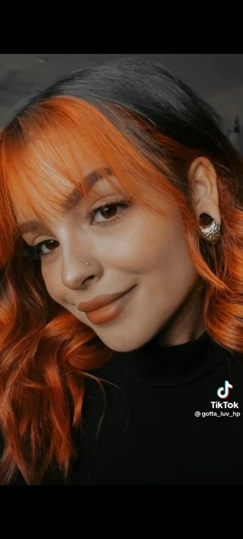 Orange Hair Dye Ideas, Orange Balayage Hair, Orange Peekaboo Hair, Ginger Peekaboo Hair, Brown And Orange Hair, Orange And Brown Hair, Gemini Hair, Color Block Hair, Split Dyed Hair