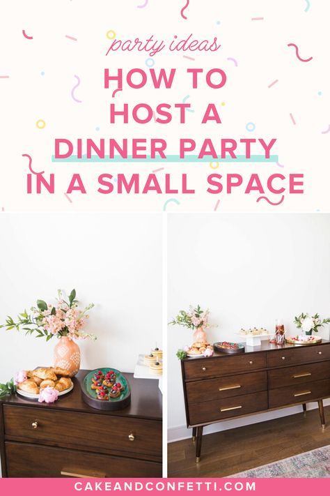 Small Space Birthday Party Set Up, Small Space Dinner Party Set Up, Small Apartment Party Set Up, How To Host Thanksgiving In Small House, Entertaining In A Small House, Small Space Entertaining, Party Seating Ideas For Small Spaces, Dinner Party Small Space, Party In Small House