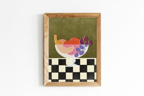 Fruit Bowl Digital Art Print Instant Download 8x10 and 11x14 Aesthetic Fruit Checkered Retro Kitchen Illustration by MaryCherryStrawberry on Etsy Watermelon Illustration, Kitchen Illustration, Aesthetic Fruit, Hippie Art, Digital Art Print, Cat Wall, Retro Kitchen, Fruit Bowl, Digital Art Prints