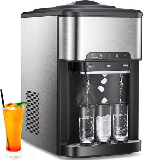 Amazon.com: Ice&Hot&Cold Countertop Water Dispenser Portable Ice Maker Machine,12 Cubes in 7 Mins 44Lbs/24H Stainless Steel Nugget Ice Maker Decor for Home Office Kitchen and Bar with Child Safety Lock : Appliances Countertop Water Dispenser, 5 Gallon Water Bottle, Hot Water Tank, Nugget Ice Maker, Gallon Water Bottle, Ice Maker Machine, Ice Storage, Portable Ice Maker, Cold Ice