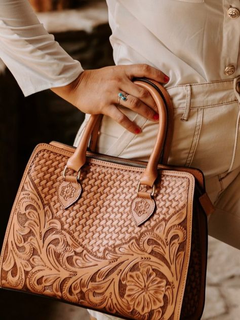 Hand Tooled Floral Leather Mini Tote - Choice of Colors Western Bags Purses, Tooled Leather Handbags, Basket Weave Pattern, Tooled Leather Purse, Rodeo Fashion, Leather Carving, Leather Handbags Women, Weave Pattern, Hand Tooled Leather