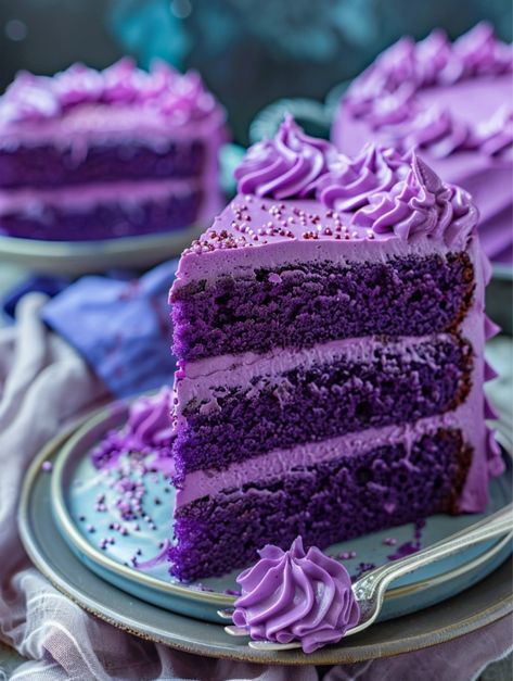 Purple Velvet Cake    Ingredients ❤️  - 2 1/2 cups all-purpose flour - 1 1/2 cups granulated sugar - 1 teaspoon baking soda - 1 teaspoon salt - 1 teaspoon cocoa powder - 1 1/2 cups vegetable oil - 1 cup buttermilk, room temperature - 2 large eggs, room temperature - 2 tablespoons purple food coloring - 1 teaspoon vanilla extract - 1 teaspoon white vinegar Purple Food Ideas Snacks, Purple Velvet Cake, Purple Velvet Cakes, Confectionery Shop, Velvet Desserts, Purple Desserts, Velvet Cakes, Food Deserts, Purple Food Coloring