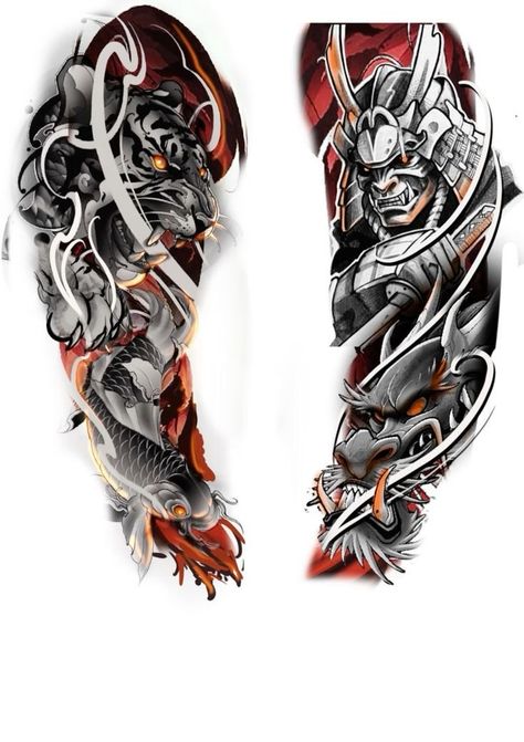 Japanese Mythology Tattoo, Biomech Tattoo, Samurai Tattoo Sleeve, Ink Tattoo Design, Red Tattoo Ideas, Red Ink Tattoo, Wolf Tattoo Sleeve, Samurai Tattoo Design, Last Kingdom