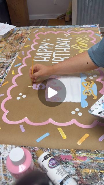 Kaligraphy - Lettering + Design on Instagram: "I’ll never not film a banner that has a cake on it. Sorry 🎉" Diy Banners Ideas, How To Make A Birthday Banner, Painted Signs On Brown Paper, Paper Signs Banner, How To Make A Banner, Banner Ideas Design, Diy Birthday Banner Ideas, Butcher Paper Birthday Banner, Birthday Banner Craft Paper