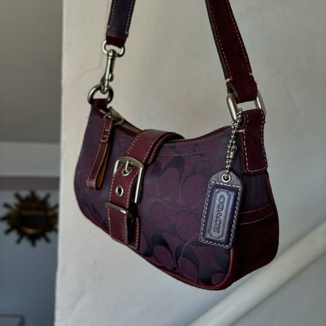 $230 free shipping 💌SOLD Y2K Coach Plum Purple Demi Buckle Suede Canvas Shoulder Bag approx measurements 8.5” L 4.5” H 2” W with 7” drop 💌 PRICE FIRM/NO OFFERS - excellent condition - rare color way 💜 - bottom is suede #y2k #coach #vintage Coach Purple Bag, Coach Shoulder Bag Vintage, Purple Coach Bag, Vintage Coach Shoulder Bag, Coach Bags Vintage, Coach Bag Vintage, Vintage Coach Bags Outfits, Vintage Coach Purse, Plum Clothes