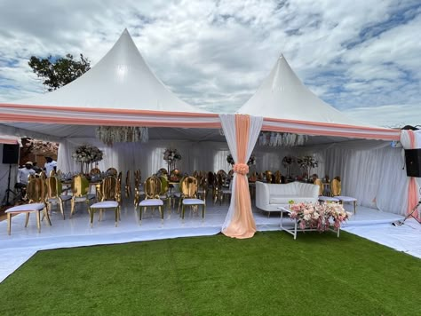 White And Gold Tent Draping, Canopy Decorations Outdoor Party, Event Venue Decor, Ugandan Wedding, Wedding Canopy Decorations, Wedding Table Backdrop Ideas, Navy Wedding Decorations, African Wedding Theme, Weddings Decorations Elegant Romantic