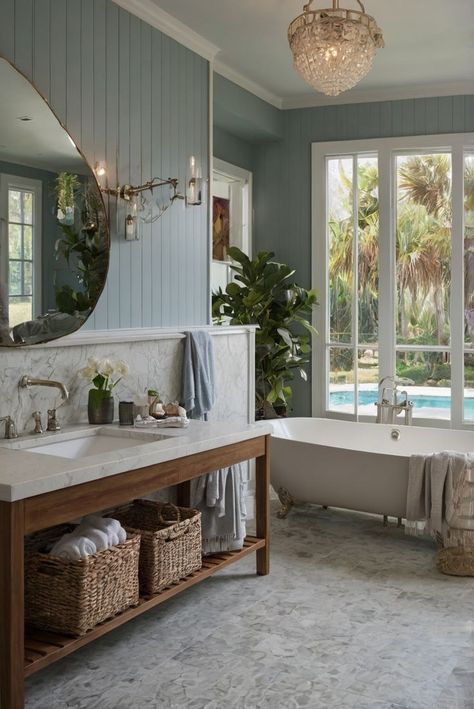 Sea Colors Bathroom, Small Blue Bathroom Ideas, Dusty Blue Bathroom, Paint Colors 2024, Brown Tile Bathroom, Coastal Bathroom Ideas, Bright Room Colors, Downstairs Wc, Coastal Bathroom Design