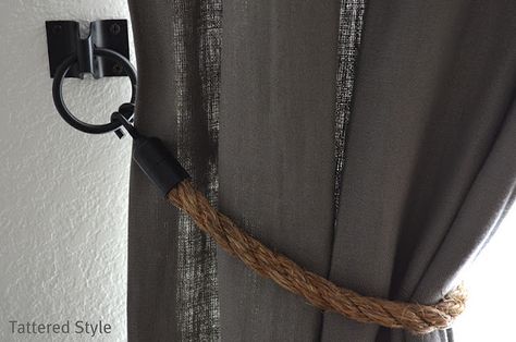 Restoration Knockoff DIY Rope Curtain Tiebacks Diy Restoration Hardware, Rope Curtain Tie Back, Rope Tie Backs, Rope Curtain, Pirate Room, Rope Decor, Burlap Curtains, Vintage Industrial Decor, Curtain Ties