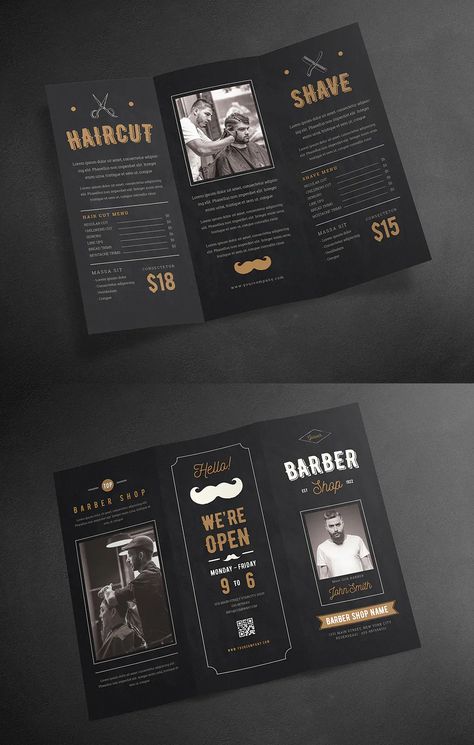 Barbershop Tri-Fold Brochure Template AI, PSD Barber Shop Advertising Ideas, Barbershop Advertising Ideas, Barbershop Business Cards, Barber Flyer Design, Barbershop Flyer Design, Salon Brochure Design, Barber Inspiration, Saloon Designs, Barber Shop Names