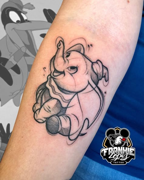 Babar Tattoo, Dumbo Tattoo Ideas, Disney Sketch Tattoo, Disney Dumbo Tattoo, Disney Character Tattoos, Dumbo Sketch, Disney Tattoo Designs, Disney Characters Tattoos, Dumbo Tattoo