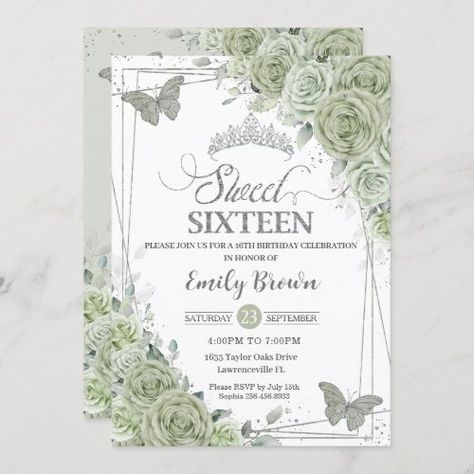 $ 2.8 | Sage Green Floral Butterflies Silver Sweet Sixteen - elegant stylish sweet girly invitation, delicate pastel roses flowers, soft sage green floral greenery, chic silver princess tiara crown, butterflies, 16th birthday party invitation, sweet 16 sixteen printed invites, budget economical cards, silver glitter typography, modern geometric Green Sweet 16 Decorations, Girly Invitation, Sweet Sixteen Themes, Green Quinceanera Theme, Invitation Sweet 16, Quince Themes, Sweet 16 Themes, Quince Invitations, Butterfly Invitations