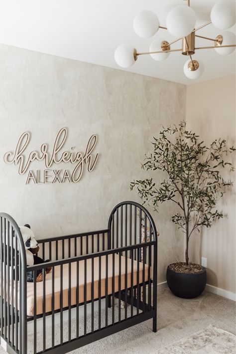 Black Crib Room Ideas, Neutral And Black Nursery, Neutral Black Nursery, Black White Brown Nursery, Neutral Nursery With Black Crib, Nursery With Black Accents, Neutral Nursery Black Crib, Limewash Nursery, Neutral Nursery Black