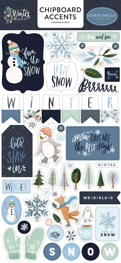 6x13 Chipboard Accents Winter Stickers Printable, Winter Stickers Aesthetic, Winter Planner Stickers, Winter Stickers, Winter Scrapbook, Winter Market, Snow Theme, Snow Much Fun, Winter Clipart