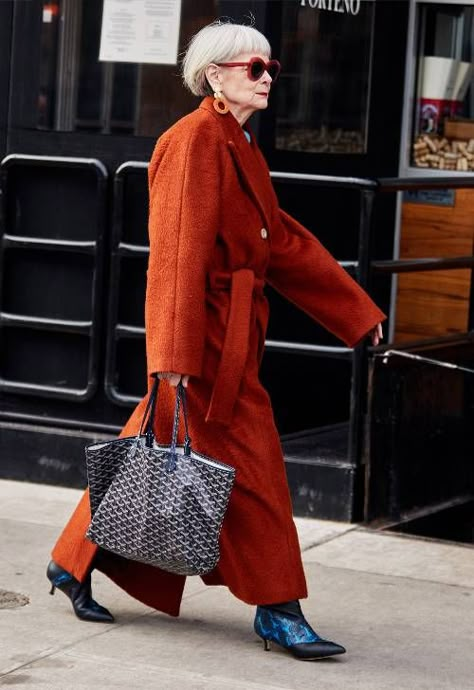 Lyn Slater, Accidental Icon, Blue Oxford Shirt, Goyard Tote, Senior Style, 30 Outfits, New York Fashion Week Street Style, Yellow Coat, New York Street Style