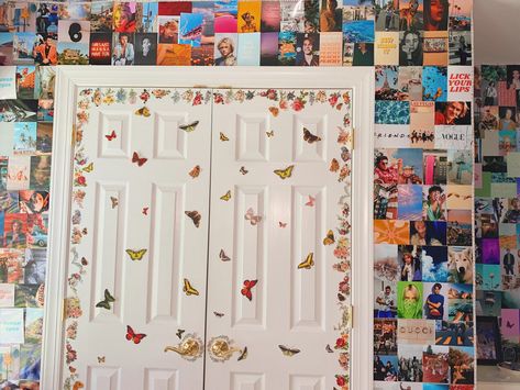 Photo Wall Closet Door, Cute Ways To Decorate Your Bedroom Door, Pictures On Closet Door, Photo Wall Collage Closet Door, How To Decorate Closet Doors, Things To Put On Your Door, Decorated Closet Doors, Photo Collage Closet Door, Bedroom Door Signs Aesthetic