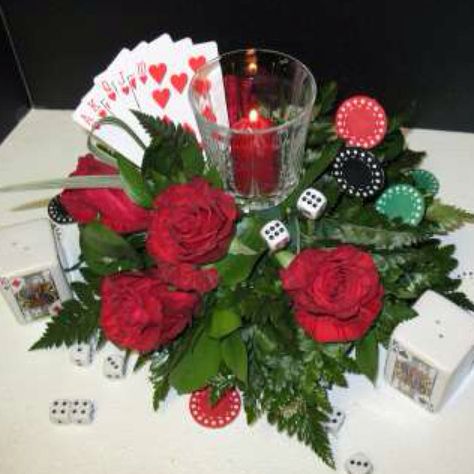 Replace candle with your big card for the table numbers. Then use the paper flowers and other elements like dice and poker chips Casino Centerpiece, Casino Themed Centerpieces, Poker Wedding, Casino Christmas, Centrepiece Ideas, Themed Centerpieces, Casino Wedding, Vintage Centerpieces, Casino Decorations