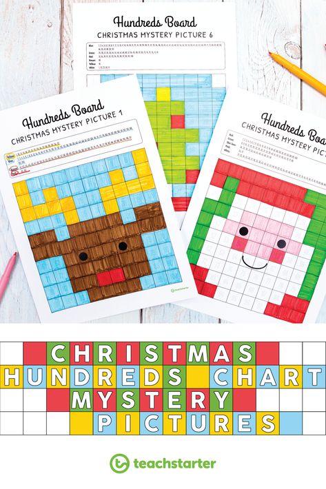 Hundreds Chart Mystery Picture Free, Maths Christmas Activities, Christmas Math Activities For Kids, Christmas Math Activities 3rd Grade, Math Mystery Pictures Free, Math Christmas Activities, Mystery Pictures Free, Activity For Christmas, Christmas Maths