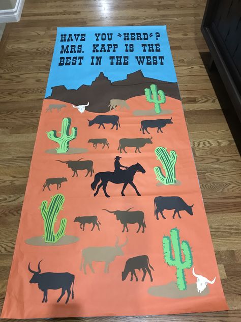 Teacher Appreciation - Wild, Wild West Wild West School Theme, Western Theme Door Decorating Ideas, Western Door Decorations For School, Rodeo Bulletin Board Ideas, Cowboy Bulletin Board Ideas, Western Classroom Door Ideas, Western Bulletin Board Ideas, Wild West Bulletin Board Ideas, Wild West Classroom Door Ideas