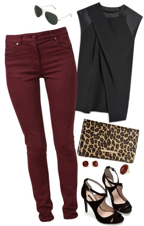 Get the look with CAbi spring 14 Origami top and Fall 14 Bordeaux skinny jean add leopard with CAbi's Estate Jacket. Straps Heels, Maroon Jeans, Maroon Pants, Burgundy Pants, Mode Tips, Maroon Dress, Outfit Jeans, Red Pants, Looks Chic