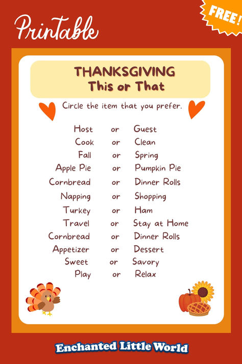 Free printable Thanksgiving This or That game for kids with fun choices like apple pie or pumpkin pie, perfect for holiday family activities Thanksgiving This Or That Game, Thanksgiving Traditions For Kids, Thanksgiving This Or That, Free Thanksgiving Games For Kids, This Or That Thanksgiving, Thanksgiving Kid Game, Free Thanksgiving Game, Thanksgiving Word Games, Free Thanjsgiving Games For Afults