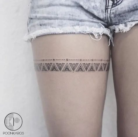 mayan pattern band tattoo on thigh Mayan Pattern, Thigh Band Tattoo, Upper Thigh Tattoos, Wörter Tattoos, Thigh Band, Tattoo Band, Iris Tattoo, Maori Tattoos, Miami Ink