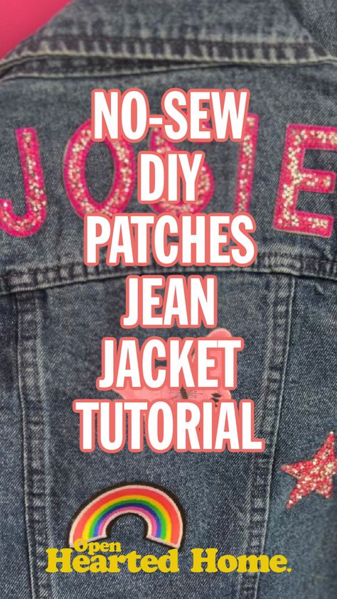 DIY Patch Jean Jacket - Jean Jacket Decorating Party, How To Bedazzle Jean Jacket, Diy Patch Jean Jacket, Iron On Patches Ideas Clothes Denim, Denim Jacket With Patches Diy, Diy Denim Jacket Patch, Diy Patches On Jeans, Diy Custom Jean Jacket, Diy Bedazzled Jean Jacket