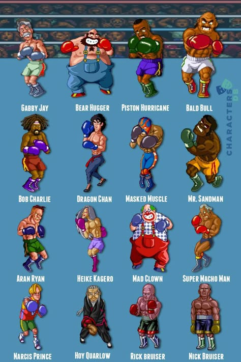 All super punch-out boxers Punch Out Game, Retro Shirt Design, Retro Games Poster, Nostalgia Art, Retro Gaming Art, Video Game Anime, Vintage Video Games, Nintendo Characters, Nintendo Art