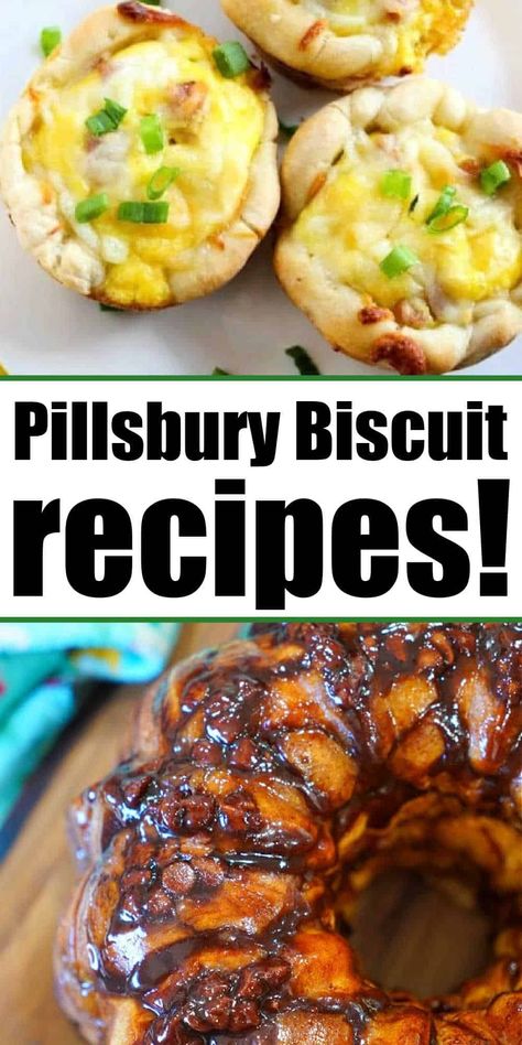 Canned biscuit breakfast recipe ideas you can make both sweet and savory with eggs and cheese. From monkey bread, bear claws and more! Dessert Using Canned Biscuits, Canned Biscuit Recipes Breakfast Eggs, Breakfast Ideas With Pillsbury Biscuits, Canned Biscuits Breakfast Ideas, Things To Do With Canned Biscuits, Breakfast Ideas Using Canned Biscuits, Breakfast With Canned Biscuits, Canned Biscuit Breakfast Ideas, Breakfast Recipes Using Canned Biscuits