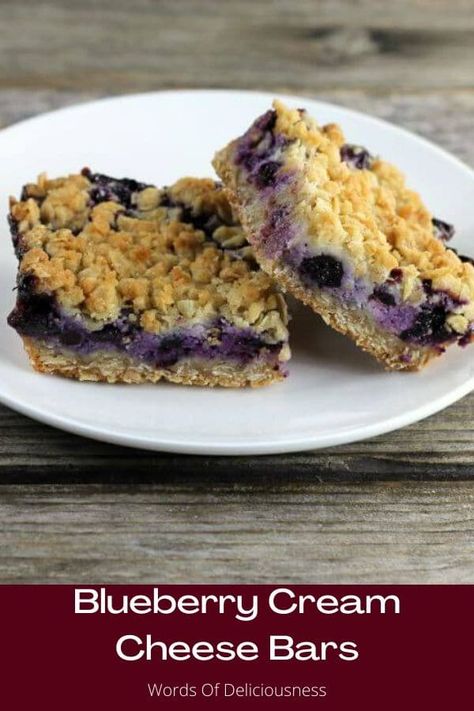 Blueberry cream cheese bars a crumble crust and top with a layer of sweet blueberries and tangy cream cheese. Easy to make and so delicious. #blueberrycreamcheesebars, #wordsofdeliciousness Blueberry Cream Cheese Crumble Bars, Blueberry Cream Cheese Bars Recipes, Blueberry Cream Cheese Oatmeal Bars, Blueberry Cream Cheese Bars, Blueberries And Cream, Oatmeal Dessert, Cream Cheese Breakfast, Healthy Cream Cheese, Blueberry Cheesecake Bars