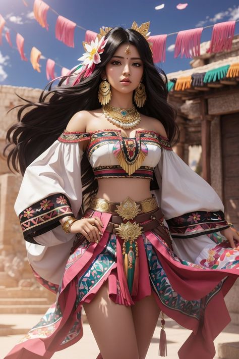 Mexican Attire Women, Aztec Clothing Traditional, Main Character Outfit Ideas, Latina Character Design, Mexican Character Design, Aztec Outfit, Fantasy Dress Art, Enigmatic Woman, Mariachi Women