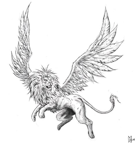 I'm thinking the body of a lion, the wings of a burning phoenix Lion With Wings Drawing, Phoenix Lion Tattoo, Winged Lion Drawing, Flying Lion Tattoo, Lion Phoenix Tattoo, Lion With Wings Tattoo, Winged Lion Tattoo, Fantasy Lion, Lion With Wings