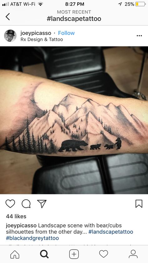 Mama Bear Sleeve Tattoo, Bear Moon Tattoo, Mama Bear And Cubs Tattoo, Arm Tattoos For Guys Forearm, Cubs Tattoo, Scene Tattoo, Bear Tattoo Designs, Tattoos With Kids Names, Landscape Tattoo