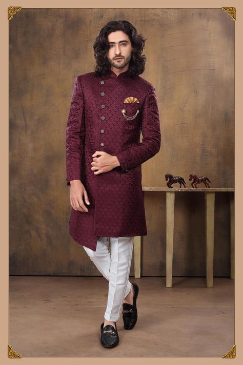 Buy Wine Color Asymmetrical Imported Fabric Indo Western Online from Bodylinestore at best price. Select wide range of men's wedding sherwani, designer Sherwani for groom, traditional sherwani, jodhpuri Sherwani, sangeet sherwani and more. #WineColorAsymmetricalImportedFabricIndoWestern #BuyWineColorAsymmetricalImportedFabricIndoWestern Online Coat Outfits Men, Chicken Kurta, Sleevless Coat, Achkan For Men, Sherwani For Groom, Men Sherwani, Suit Measurements, Sherwani Groom, Gents Kurta