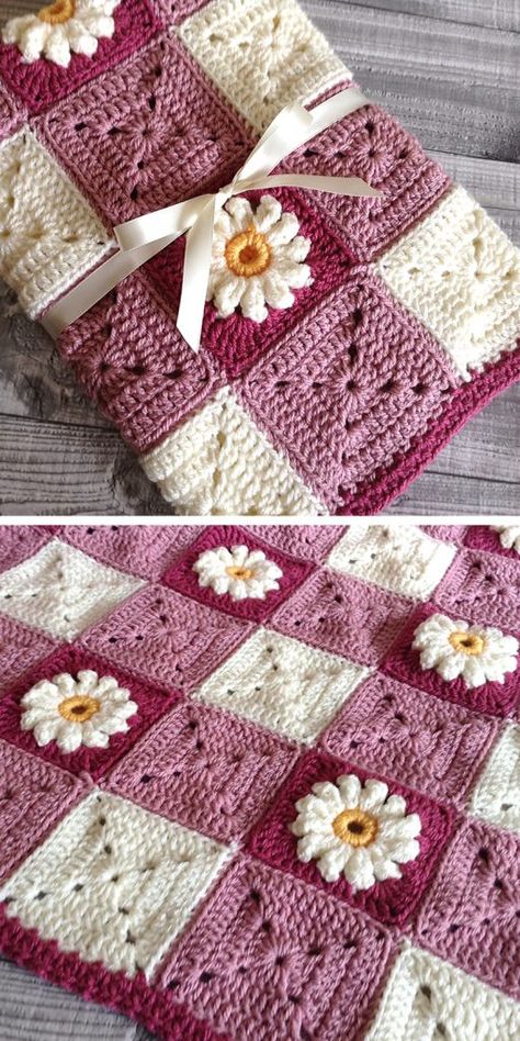 Let's have a big thread on crochet and knit creations for inspiration and sharing your work. Easy Crochet Flower Blanket, Fuzzy Yarn Crochet Blanket, Crochet Square Patterns Flower, Feminine Crochet Blanket, Girl Baby Blanket Crochet Pattern, Crochet Blanket With Flowers, Crochet Blankets Granny Squares, Crochet Flowers Blanket, Granny Square Pattern Blanket