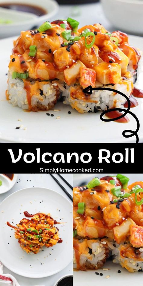 Baked Scallop Sushi Roll, Shrimp And Crab Sushi Bowl, Coconut Shrimp Sushi Roll, Spicy Crunchy Crab Sushi Roll, Volcano Roll Sushi Bowl, Sushi Roll Sauces, Fancy Sushi Rolls, Crab Sushi Roll Recipes, Gourmet Sushi Recipes