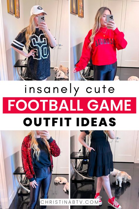 Stay warm and stylish at football games with Trendy Football Game Outfits for Women. Whether it's a rainy day or cold weather, discover the best Winter Football Game Outfit ideas to keep you cozy in Women's Fashion. Outfits For Football Games, College Football Tailgate Outfit, Football Game Outfits For Women, Tailgate Outfit College, Game Outfits For Women, Superbowl Party Outfit, Uga Gameday Outfit, Game Outfit Ideas, Football Game Outfits